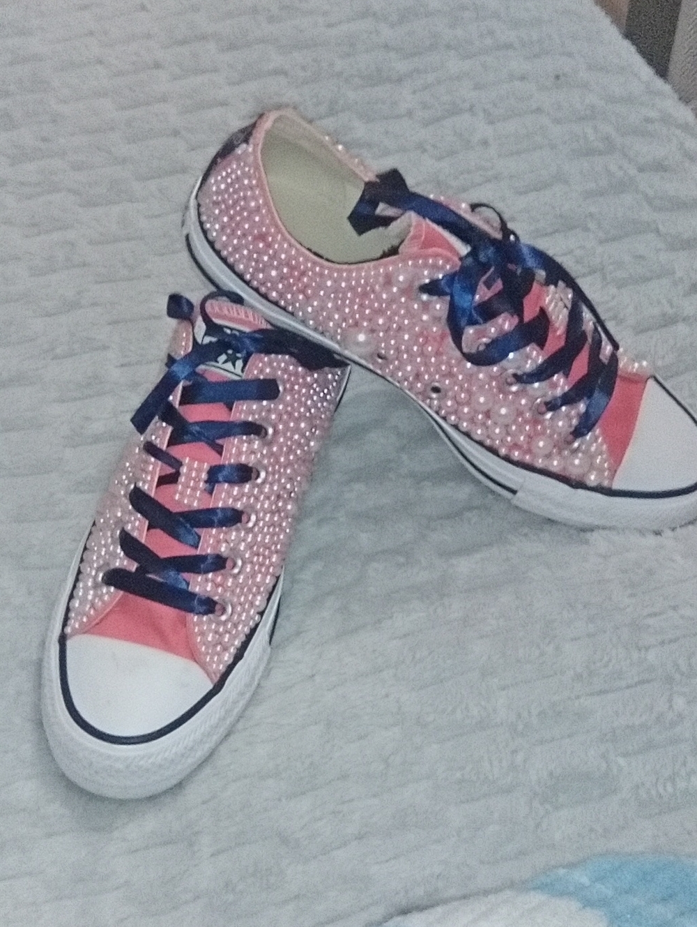 Converse Women Pink Crystal Low Top Sneakers with Navy Ribbon Laces
